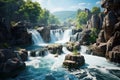 Generative AI Image of Nature View with Waterfall Flowing in River on a Sunny Day