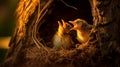 Nest brimming with famished bird hatchlings, eagerly awaiting a meal from their parents