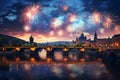 Generative AI Image of New Year Celebration with Prague Bridge in River