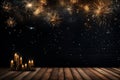 Generative AI Image of New Year Fireworks Background with Blank Space and Burning Candles Decoration