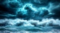 Generative AI Image of Ocean Sea Waves with Storm Dark Clouds and Lightning Strike in the Sky Royalty Free Stock Photo