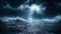 Generative AI Image of Ocean Sea Waves with Storm Dark Clouds and Lightning Strike in the Sky Royalty Free Stock Photo