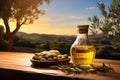 Generative AI Image of Olive Oil in Bottle on Wooden Table with Nature Landscape