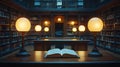 Generative AI Image of Open Book on Wooden Table with Round Lamp in Luxury Library Royalty Free Stock Photo