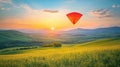 Generative AI Image of Orange Kite Flying Over Flower Garden with Mountain View and Sunset Royalty Free Stock Photo