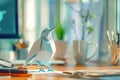 Generative AI Image of Origami Bird with Blue Folded Paper on Office Desk