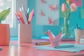 Generative AI Image of Origami Craft of Cute Pink Crane Bird on the Study Table