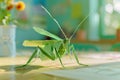 Generative AI Image of Origami Craft of Grasshopper Insect with Green Folded Paper on a Desk