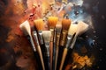 Generative AI Image of Painting Brushes Collection with Colorful Paint on Dark Background