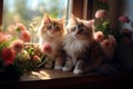 Generative AI Image of a Pair of Cute Kittens Sitting on a Window with Flowers Decoration