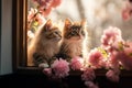 Generative AI Image of a Pair of Cute Kittens Sitting on a Window with Pink Flowers