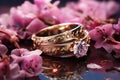 Generative AI Image of a Pair of Gold Engagement Rings with Floral Decoration