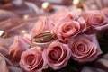 Generative AI Image of a Pair of Gold Wedding Rings with Pink Rose Decoration