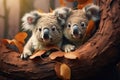 Generative AI Image of a Pair of Koalas on Tree Branch with Autumn Leaves
