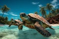 Generative AI Image of a Pair of Turtles Swim in the Beach with Tropical Tree