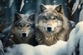 Generative AI Image of a Pair of Wolves in the Forest During Snowfall Royalty Free Stock Photo