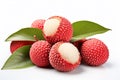 Generative AI Image of Peeled Red Lychee Fruit with Leaves on Isolated Background Royalty Free Stock Photo