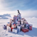 Generative AI image of a penguin standing on a pile of presents