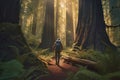 Generative Ai image of a person hiking though a redwood forest