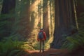 Generative Ai image of a person hiking though a redwood forest