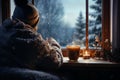 Generative AI Image of a Person Relaxing Near the Window with Hot Coffee in Winter