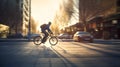 Generative Ai image of a person riding a bicycle in an urban city Royalty Free Stock Photo