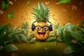 Generative AI Image of Pineapple Fruit Character Wearing Headphone with Happy Expression