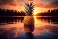 Generative AI Image of Pineapple Fruit on the Water Surface at Sunset Royalty Free Stock Photo