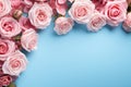 Generative AI Image of Pink Roses Frame with Blank Space on Blue Background Royalty Free Stock Photo