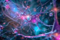 Generative AI Image of Purple Cell of Connected Neural Nerve Network System on Bokeh Lights Background
