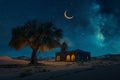 Generative AI Image of Ramadan Kareem with Mosque in the Desert and Crescent in Night Sky Royalty Free Stock Photo