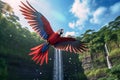 Generative AI Image of Red Macaw Flying in Amazon Rainforest with Waterfall View