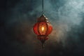 Generative AI Image of Red Round Islamic Lantern Hanging on Smoky Dark Background