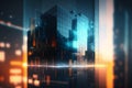 Generative AI image of a reflection in the glasses of a skyscraper facade in a future urban and corporate architecture