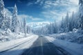 Generative AI Image of Road Surrounded by Pine Trees in Snow Winter Season Royalty Free Stock Photo