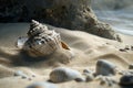 Generative AI Image of Sea Shell with Rock Stone on a Sandy Beach