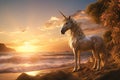 Generative AI Image of a Shiny White Unicorn Standing on the Beach at Sunset