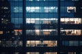 Generative AI Image Showing Close Up Of Office Skyscraper Building At Night With Lights On And People Working Late