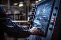 Generative AI Image Showing Close Up Of Worker In Factory Operating Touchscreen Control Panel On Machinery Royalty Free Stock Photo