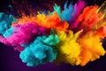 Generative AI Image Showing Explosion Of Vibrant Colourful Powders Against Plain Dark Background