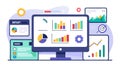 The image depicts a computer monitor displaying colorful charts and graphs, surrounded by other visual elements like a pie chart, Royalty Free Stock Photo