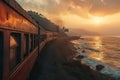 Generative AI Image of Side View of Ancient Old Train Passing Railway Track with Sea View at Sunset Royalty Free Stock Photo