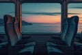 Generative AI Image of Side View of Empty Passenger Seat Inside Train with Sky View at Sunset From Window Royalty Free Stock Photo