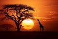 Generative AI Image of Silhouette of Giraffe Animal with Tree in Grassland at Sunset