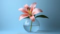 Generative AI Image of Single Pink Lily Flower in Glass Vase on Light Blue Background
