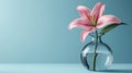 Generative AI Image of Single Pink Lily Flower in Glass Vase on Light Blue Background