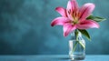 Generative AI Image of Single Pink Lily Flower in Glass Vase on Light Blue Background