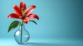 Generative AI Image of Single Red Lily Flower in Glass Vase on Light Blue Background