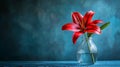 Generative AI Image of Single Red Lily Flower in Glass Vase on Light Blue Background