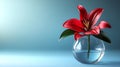 Generative AI Image of Single Red Lily Flower in Glass Vase on Light Blue Background